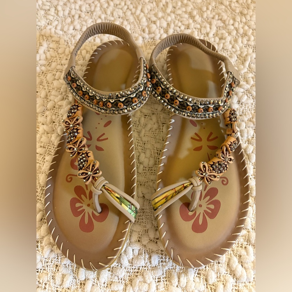 Bling bead sandals. Tan